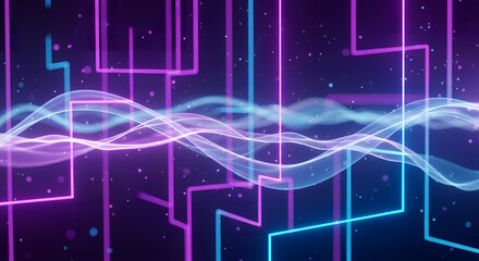 Obraz premium Electric Waves of Innovation: A mesmerizing blend of neon blue and violet lines dances across the digital canvas. representing the ever-evolving world of technology.