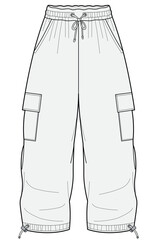 kids parachute pant drawstring waist cargo jogger pant fashion flat sketch vector illustration technical cad drawing template