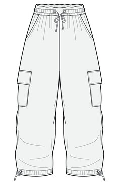 kids parachute pant drawstring waist cargo jogger pant fashion flat sketch vector illustration technical cad drawing template