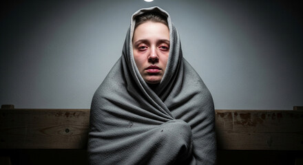 Seeking Comfort A young woman wrapped in a blanket finds solace, conveying feelings of sadness, vulnerability, and the need for healing in a somber moment