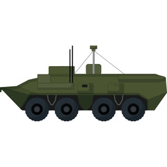 Military Armored Personnel Carrier Vehicle Side Profile With Antennae And Wheels On A White Background
