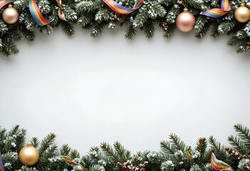 Festive Christmas garland frame with rainbow pride ribbons and golden ornaments on snowy pine branches. The inclusive design creates a modern, and celebratory Christmas greeting card background.