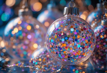 Clear glass Christmas bauble filled with colorful confetti on festive bokeh background.