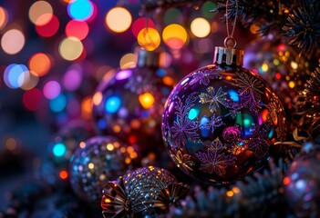 A luxurious deep-purple glass Christmas ornament adorned with intricate iridescent snowflake designs hangs prominently on a richly decorated tree.