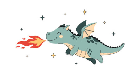 Naklejka premium Cute teal cartoon dragon breathes fire while flying through a whimsical sky adorned with shimmering stars and magical elements.