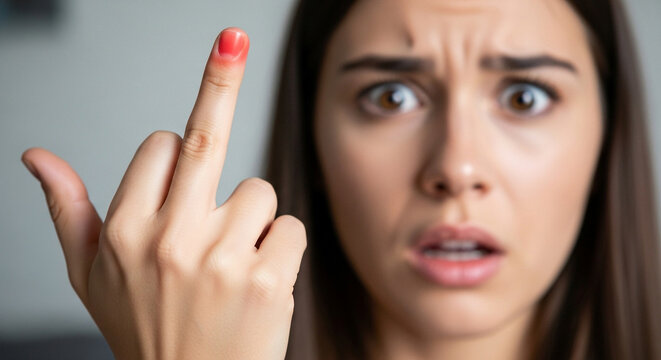 Worried woman with painful paronychia infection near fingernail, seeking medical care and relief from throbbing discomfort, highlighting dermatology and wellness