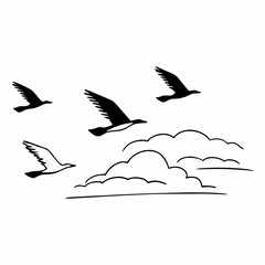 Birds flying in formation above stylized clouds