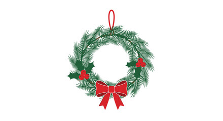 Simple and traditional Christmas wreath made of green fir branches, decorated with red holly berries and a large red bow.