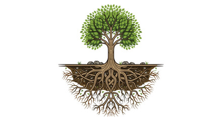 Beautifully detailed illustration of a large green tree with an extensive and intricate root system visible underground.