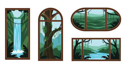 Collection of four windows of various shapes offering beautiful, scenic views into a lush tropical jungle and waterfall.