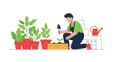 A young man wearing overalls is gardening, carefully planting a small sprout in a wooden box with a trowel.