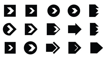 Set of fifteen black arrow icons in various shapes and styles, pointing to the right, for user interface design.