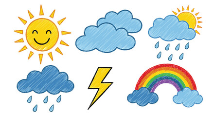 A set of six weather icons including a smiling sun, clouds, rain, lightning, and a rainbow in a kid's crayon sketch style.