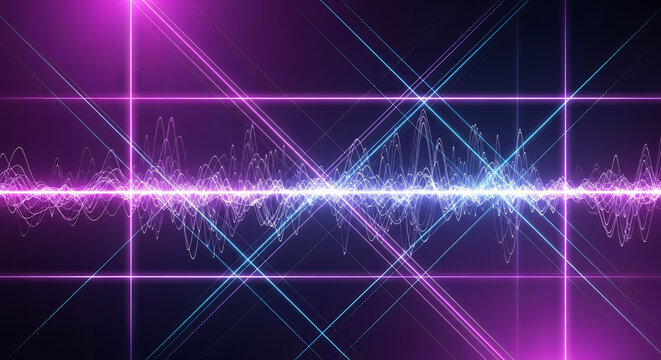 Vibrant Light Spectrum: A mesmerizing display of radiant light in shades of pink, purple, and blue forms an intriguing geometric grid, complemented by dynamic sound wave visualizations.