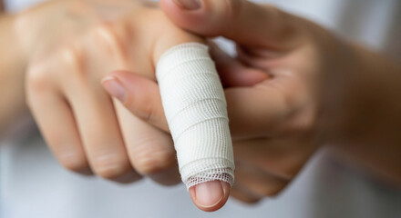 Injured finger wrapped in white bandage offers a reminder of caution and healing, suitable for healthcare, safety, or first aid campaigns