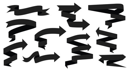 Collection of twelve black ribbon banners and arrows in various folded and curled styles for titles and text.