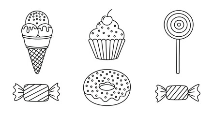Set of six sweet dessert and candy icons in a simple black and white line art style for coloring pages.