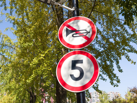 No-horn and 5-speed limit signs by leafy trees