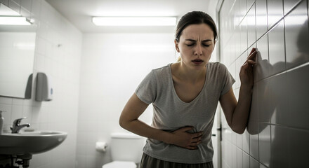 Woman experiencing stomach pain in bright bathroom, feeling nauseous and unwell, health concerns, illness, seeking relief, digestive issues, sickness episode