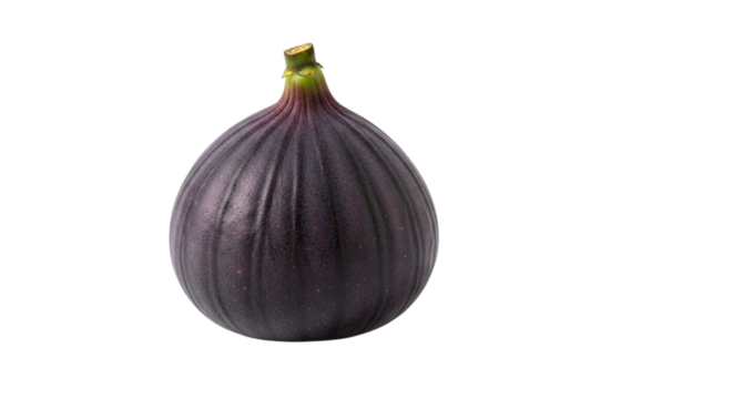 A single ripe fig isolated on transparent background, showcasing its deep purple skin, delicate texture, and the small green stem, a perfect representation of fresh fruit