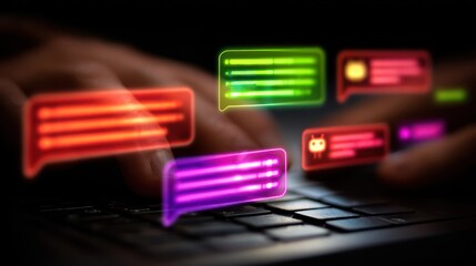 Human hands typing on a laptop keyboard surrounded by glowing colorful chat bubbles, symbolizing digital communication, online interaction, and AI.