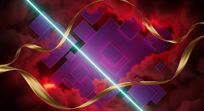 Neon light amidst abstract geometric shapes with flowing golden ribbons