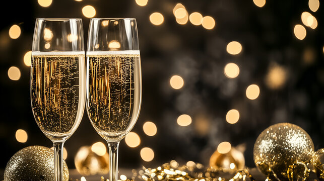 Celebrate New Year's Eve with a toast of bubbly champagne, sparkling lights, and golden ornaments creating a festive holiday atmosphere and joyous occasion