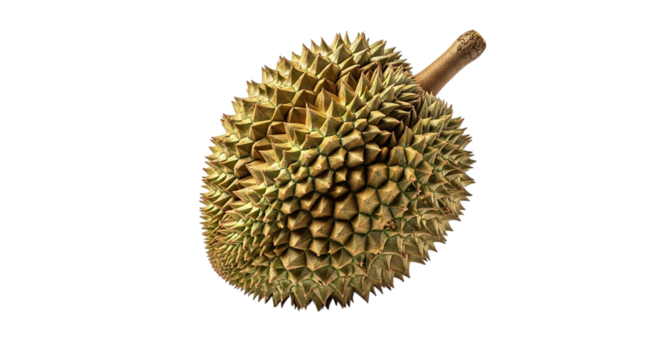 Closeup of a spiky durian fruit isolated on transparent background, showcasing its unique texture and shape, a popular tropical delicacy known for its strong aroma