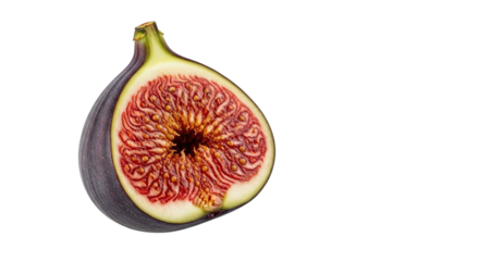 A vibrant half fig isolated on transparent background showcases its intricate seed pattern and rich colors, offering a closeup view of natures delicious creation