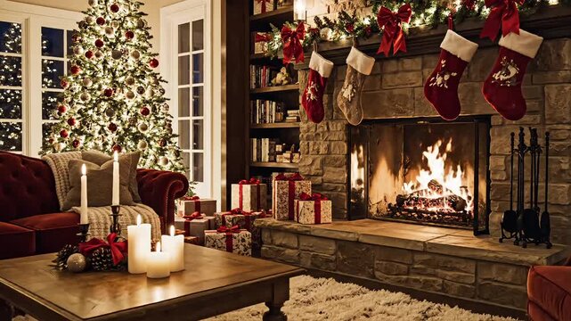 Experience the warmth of Christmas cheer in a cozy living room with a crackling fireplace and sparkling Christmas tree, stockings hung with care