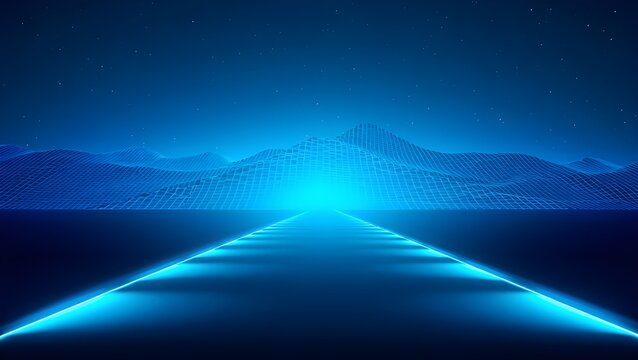 Futuristic Digital Pathway: A mesmerizing digital rendition of a glowing pathway leading towards the horizon, framed by ethereal blue landscapes.