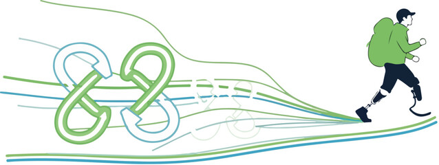 Naklejka premium A man in a green jacket running with a stylized infinity loop and colorful lines trailing behind him on a white background.