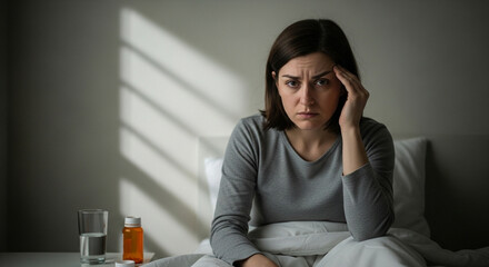 Worried young woman battling headache in bed with medication nearby, feeling unwell and needing relief from pain in quiet bedroom setting
