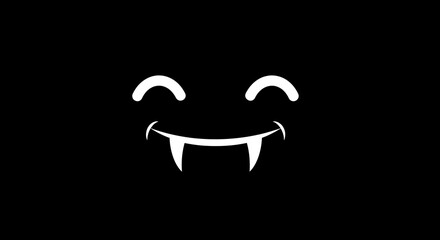 Minimalistic graphic illustration showcasing a smiling vampire face with prominent fangs on a