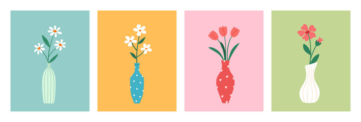 Spring and summer set of minimalist flower cards in vases