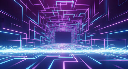 Digital Neon Corridor: An immersive futuristic corridor radiates with neon lights and digital lines, guiding the viewer through a mesmerizing cyber realm of technology.