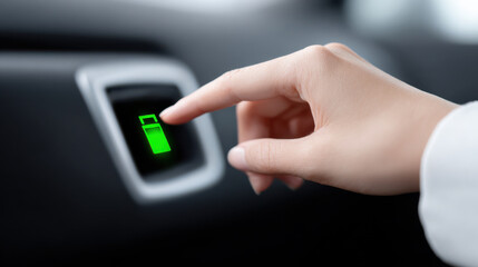 Hand touching green battery charge indicator on hybrid vehicle dashboard showing energy level and eco technology