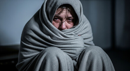 Vulnerable woman wrapped in blanket seeks comfort, conveying loneliness and emotional distress in a raw, authentic portrayal of mental health struggles