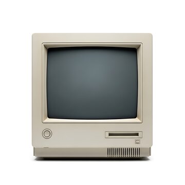 Vintage macintosh computer with a blank screen on a white background