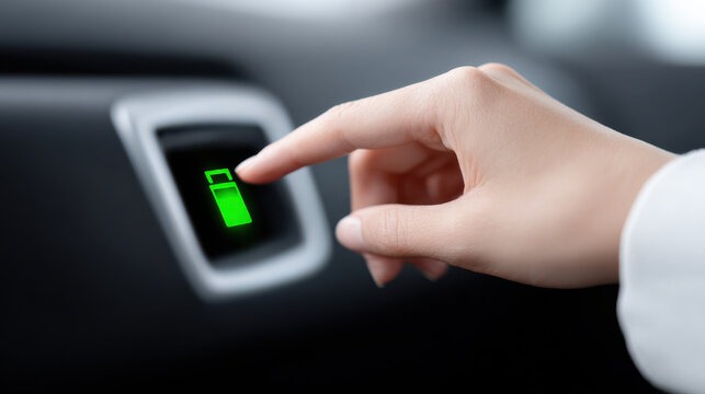 Hand touching green battery charge indicator on hybrid vehicle dashboard showing energy level and eco technology