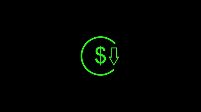Money reduction icon. Dollar currency price drop concept. circle with down arrow moving animation.4k video