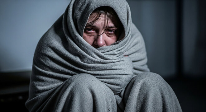 Vulnerable woman wrapped in blanket seeks comfort, conveying loneliness and emotional distress in a raw, authentic portrayal of mental health struggles