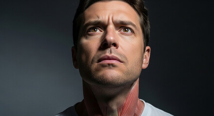 Anatomical study showing detailed neck muscles of a man looking up thoughtfully, ideal for medical education and fitness content on anatomy