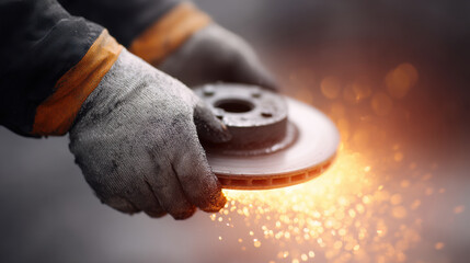 Close up of hands wearing gloves holding grinding disc with sparks flying during metalwork in workshop environment