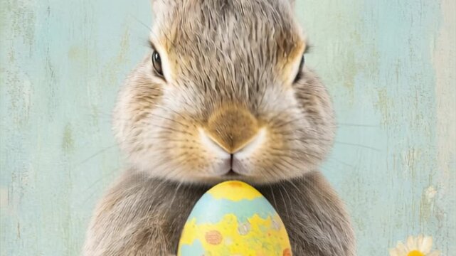 Adorable bunny holding a brightly decorated Easter egg against a soft pastel background. The image captures the essence of Easter festivities and spring renewal.