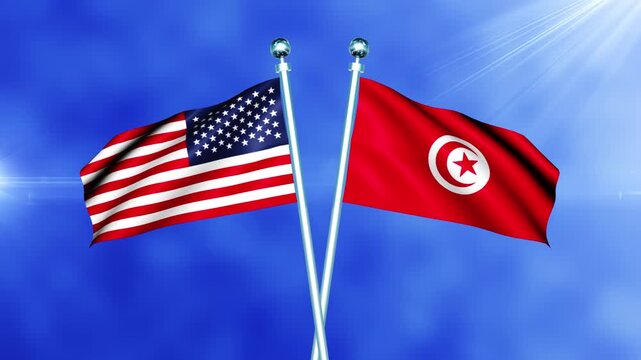 USA and Tunisia Flag Waving On Pole Loop