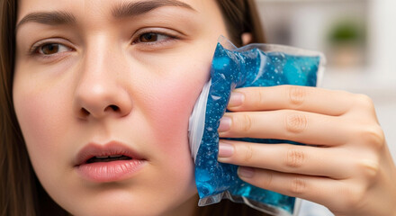 Woman soothing cheek pain with cool gel pack compress for relief after dental work, facial injury, or cosmetic procedure for wellness and comfort
