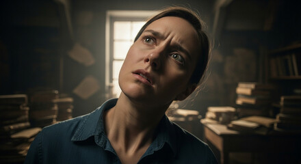 Confused woman looking up in a mysterious, vintage room with stacks of old books and soft light coming from the window creates a sense of awe and wonder