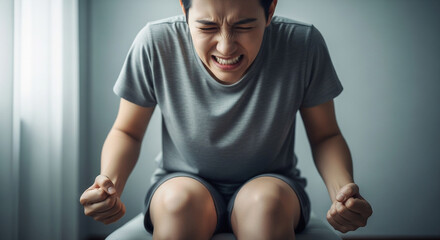 Woman experiencing intense pain with clenched fists in despair, health suffering and emotional distress, seeking medical solutions and mental wellness