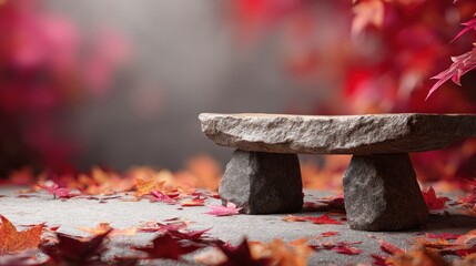 Stone bench with autumn leaves display